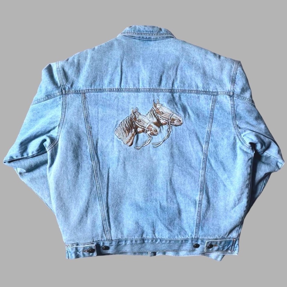 blue light wash denim bomber jacket with an embroidered twin horse design